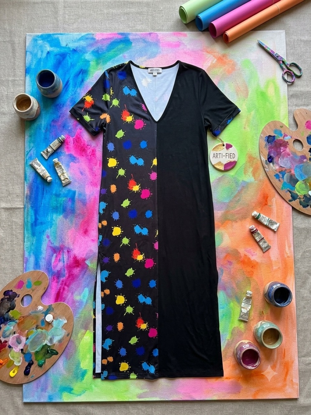 Jasmine Black Maxi Dress with Multicolor Paint-Splash Print